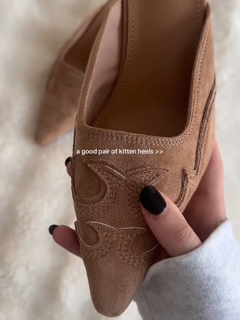 Pointed Suede Kitten Heel Mules in Tan